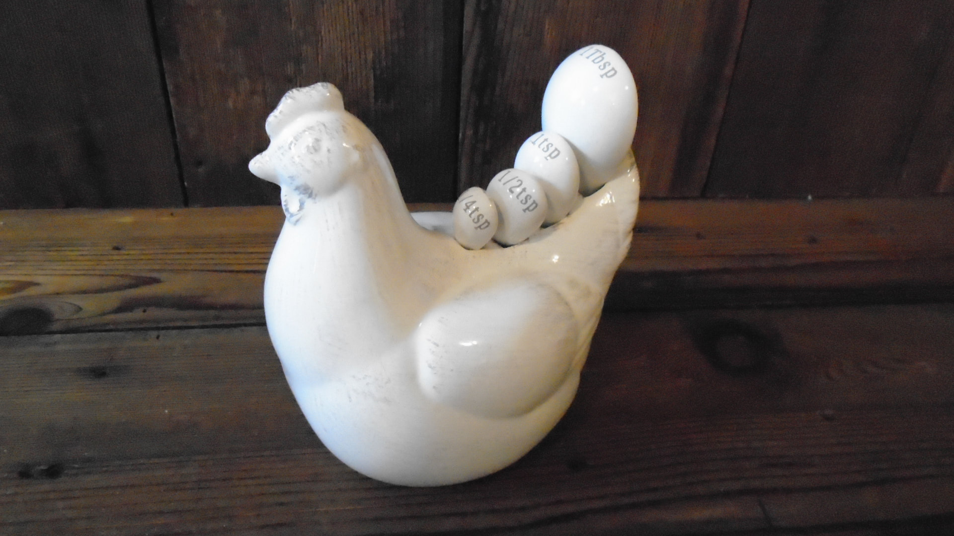Vintage Ceramic Chicken Measuring Spoon Holder Complete Set 